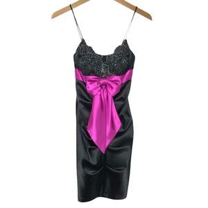 Blondie Nites Beaded Black Satin Dress Pink Bow Juniors 1 Y2K Prom